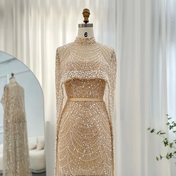 Luxury Beige Crystal Tassel Beaded Pearls Evening Dress LA73624 main image 0